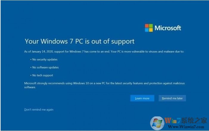 Win7結(jié)束支持后催促升級Win10全屏警告圖片曝光！有點像藍屏