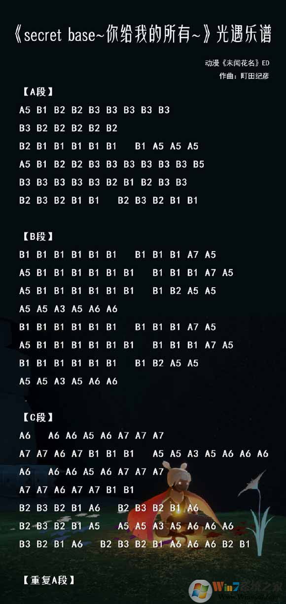 光遇簡譜《secretbase（未聞花名）》怎么彈？光遇簡譜大全
